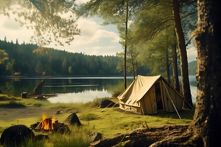 Traveling up the mountain to camp in the forest is a great way to relaxの素材