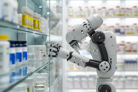 Robot pharmacist dispenses medicine in the pharmacy of the future,AI generatedの素材