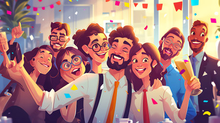 Fun business team celebrating success at receiving awards in the office, AI generatedの素材