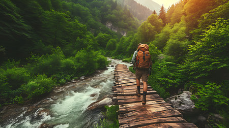 Backpacker walking on a wooden bridge over a water stream in a misty forest, AI generatedの素材
