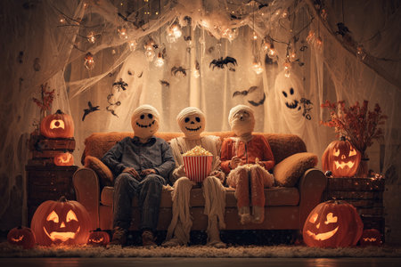 A whimsical Halloween scene featuring a mummy family enjoying popcorn on a couch, surrounded by jack-o'-lanterns, ghosts, and cobwebs, AI generatedの素材