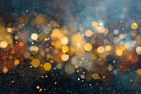 A festive and elegant Christmas background featuring glowing golden bokeh lights and soft snowfall, AI generatedの素材