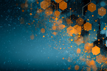 Christmas background featuring glowing orange hexagons, digital grid patterns, and falling snow over a cool blue gradient, AI generatedの素材