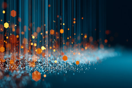 A festive abstract background featuring glowing orange hexagonal bokeh lights and shimmering particles, AI generatedの素材