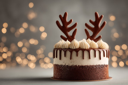 Christmas cake topped with chocolate antlers and frosted cream, soft brown background, AI generatedの素材