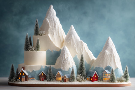 A beautifully crafted Christmas cake designed to resemble a snowy mountain village, complete with frosted peaks, pine trees, AI generatedの素材