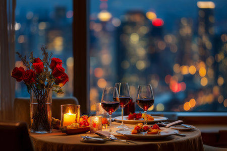 An intimate candlelit dinner setup with red wine, gourmet dishes, and a bouquet of red roses, set against a stunning city skyline at night, AI generatedの素材