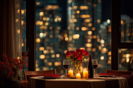 An intimate candlelit dinner setup with red wine, gourmet dishes, and a bouquet of red roses, set against a stunning city skyline at night, AI generatedの素材