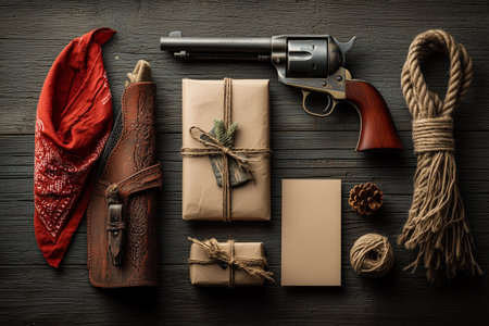 A carefully arranged flatlay featuring a vintage revolver, leather holster, red bandana, wrapped gifts, rope, and natural elements, AI generatedの素材
