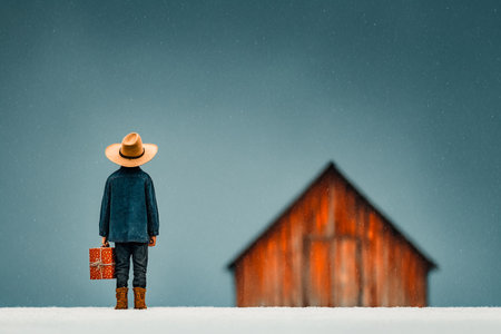 A cinematic and dramatic winter scene of a young cowboy standing alone in the snow, clutching a small wrapped gift, AI generatedの素材