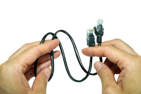 Hand holding black internet cables.