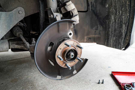 Front wheel hub mounted in the car on the knuckle without disc brakes.の写真素材