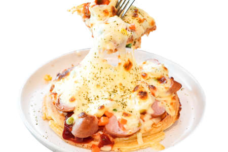 Hawaiian Pizza Toppings Sausage Toppings Stretched Cheese Isolated White Backgroundの写真素材