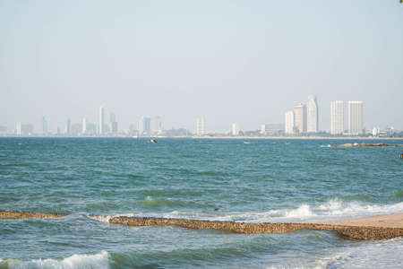 Clear sea water and blue sky overlooking the city.
