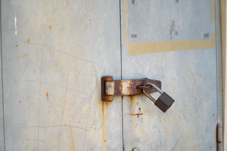 padlock on the old iron doorの写真素材