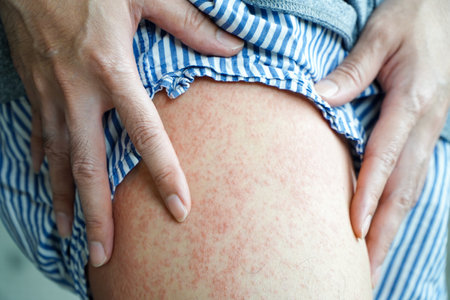 Close up Allergy rash, round view of the hind thighs of an Asian man with the disease. Allergy rash and Health problem.の写真素材