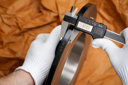 Mechanic uses vernier calipers to measure the thickness of new brake discs, thickness measurement of mechanical calipers.の写真素材