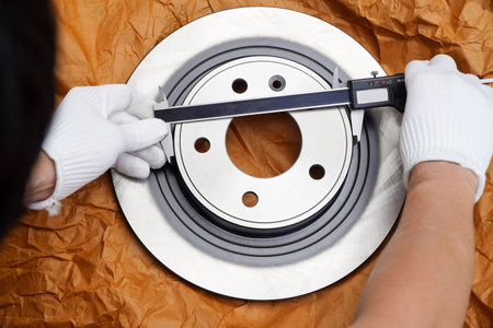 Mechanic uses vernier calipers to measure the thickness of new brake discs, thickness measurement of...