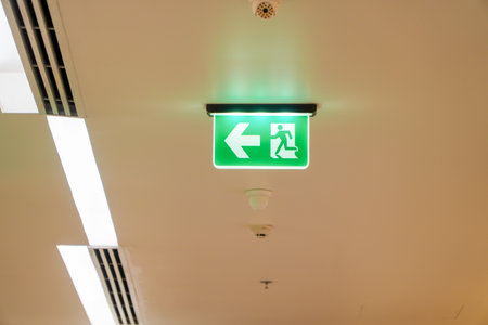 Arrow light box sign of EMERGENCY FIRE EXIT is hung on the ceiling in hospital,Ideas for fire...