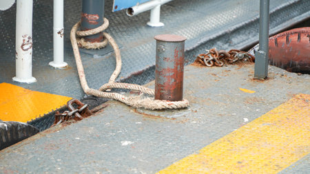 Worn old rusty mooring bollard with heavy ropes on the deck of a ship