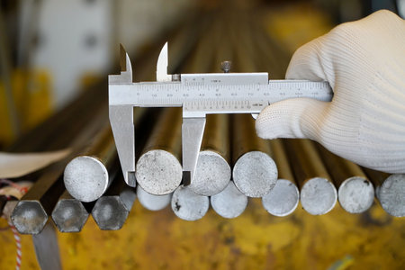 Measuring tool and equipment,mechanic measuring the size of a round steel shaft in a factoryの写真素材