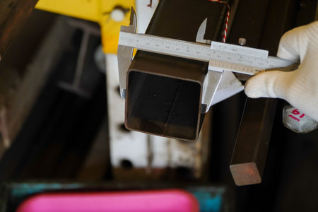 mechanic uses vernier to measure the size of the mild steel box section,Galvanize box steelの写真素材
