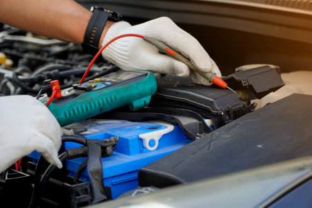 technician checks the battery using a voltmeter capacity tester,For maintenance work in industrial plants to engine repair work in garages,bettry dead, time to replaceの写真素材
