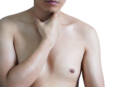 Asian men have severe throat pain, white backgroundの写真素材