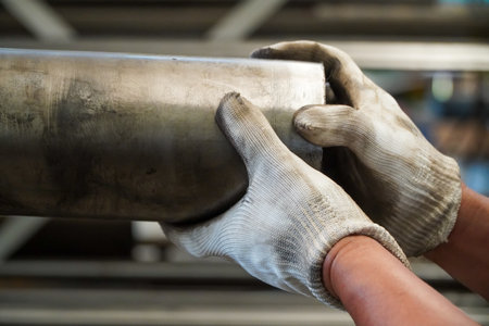 employee lifting a large round bar in an industrial factoryの写真素材