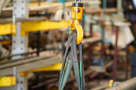 Yellow crane hook with belt in factory industry backgroundの写真素材
