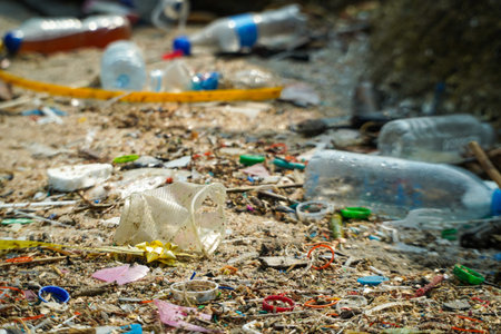 Plastic waste on the beach. Environmental pollution concept. Garbage on beach. Plastic at the ocean.の写真素材