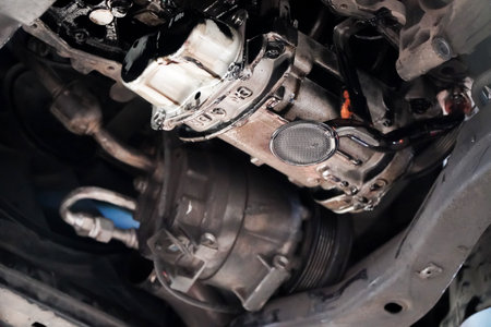 Modern car in a car service on a lift.replacing flywheel and clutch of a car in a car serviceの写真素材
