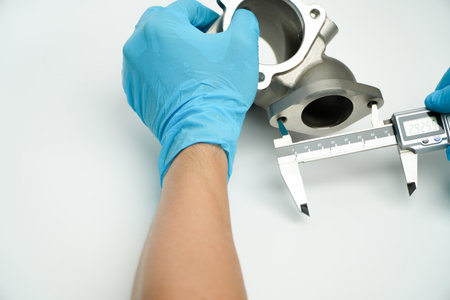 Industrial Worker Inspector Measuring detail with Vernier Caliper in Factory Workshop