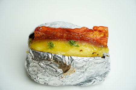 Baked potato with bacon on a white backgroundの写真素材