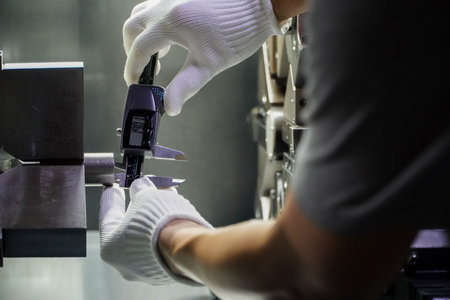 Close-up of the mechanic uses a digital vernier to inspect the work piece on the cnc machine.の写真素材