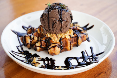 Honey toast with ice cream and chocolate syrup on a white plateの写真素材