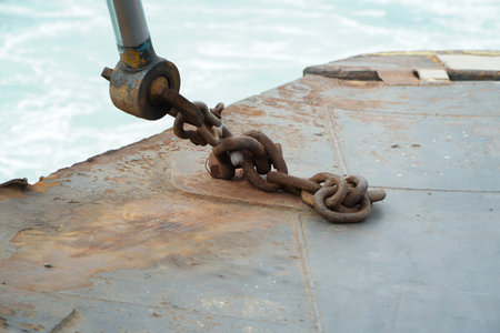 rusty chain on the ship, closeup of photo with shallow depth of field.Closeup abstract shot of rusty...