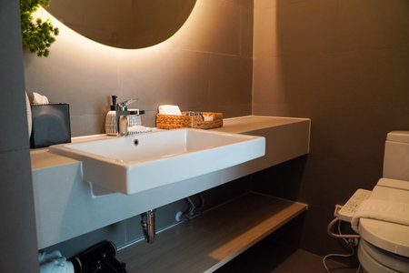 Interior of a modern bathroom with sink and faucet.
