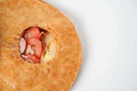 Strawberry and apple pie on white background, top view.の写真素材