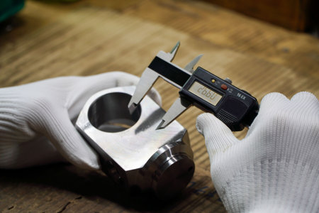 Technicians measure the diameter of the workpiece in the factory acceptance testing process with a digital Vernier caliper before delivery.の写真素材