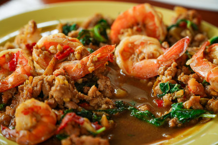 Stir-fried shrimp with basil and chili. Thai food.の写真素材