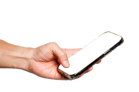 Smartphone with blank screen in hand isolated on a white background,empty white screen mockupの写真素材