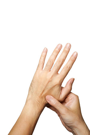 locked finger from work and office syndrome,business man having problem trigger finger in office.background medical conceptの写真素材