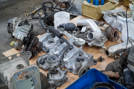 Car engine repair shop. Automotive parts for sale in the garage.