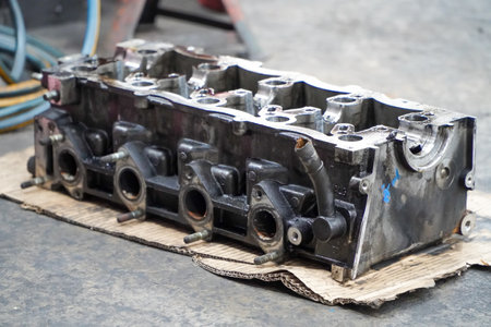 Car engine repair shop,Auto mechanic working in garage,Car engine cylinder blockの写真素材