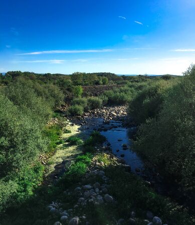 River full of stones surrounded by trees, Candeleda, Avila.の写真素材