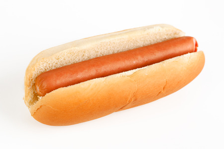 Hot dog in a bun on white backgroundの写真素材