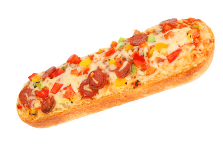 Pizza baguette with salami and white backgroundの写真素材