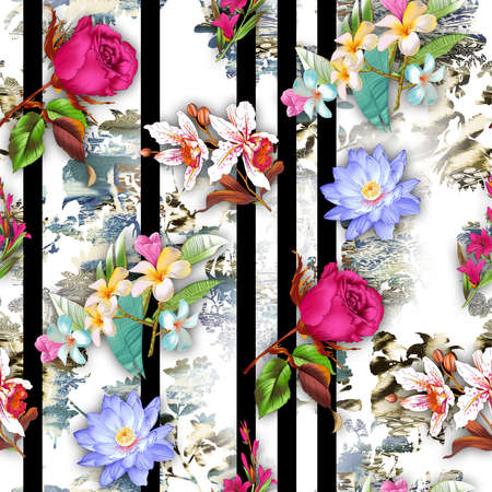 beautiful flower pattern, floral seamless allover design, flower. geometric Textile Design with background - illustrationの写真素材