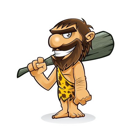 caveman is standing holding a weapon from the trunk of a tree and smilingのイラスト素材